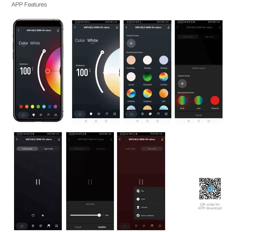 Multiple smartphone screens displaying an app with color selection and control features.