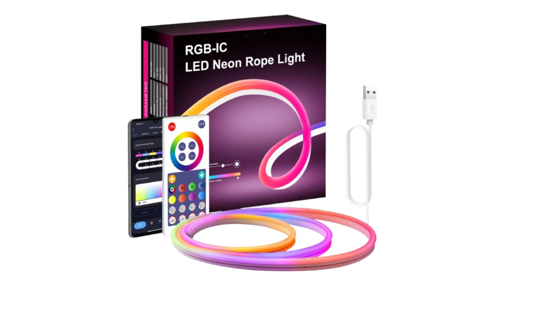 RGB-IC LED Neon Rope Light set with packaging and control device on a white background