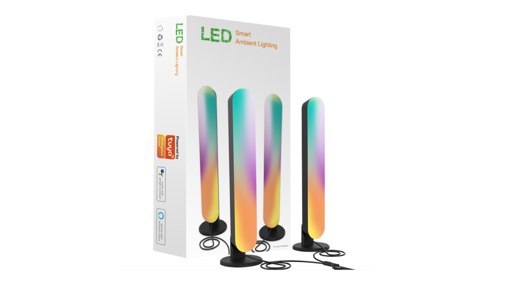 LED smart bulb packaging with gradient design on a white background
