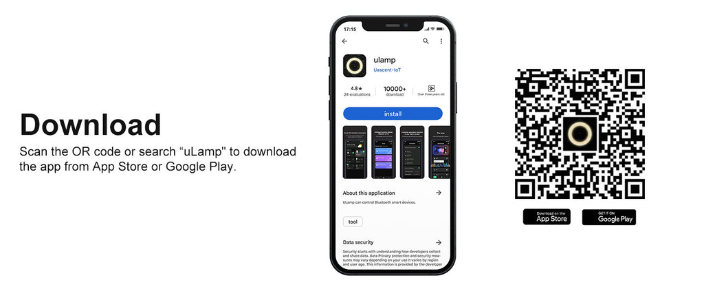 Phone screen displaying uLamp app with QR code for download on a white background