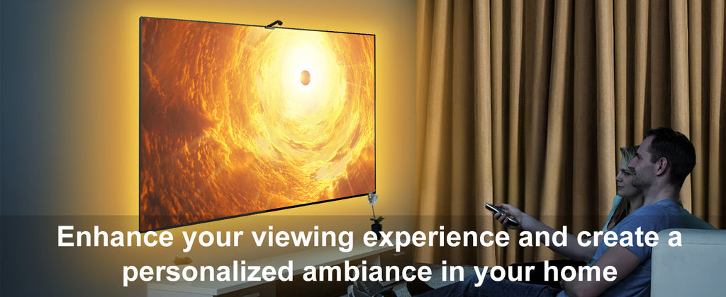 Man sitting in a living room with a large TV screen displaying a warm, glowing image. Text overlay promotes enhancing viewing experience.