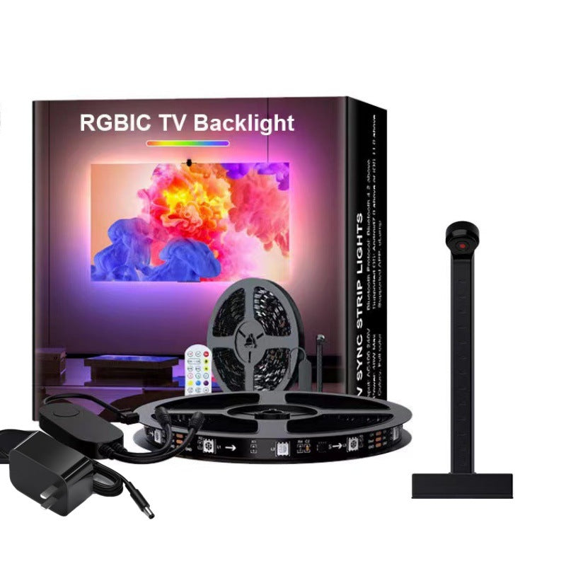 RGBIC TV Backlight kit with packaging, LED strip, remote control, power adapter, and stand on a white background.