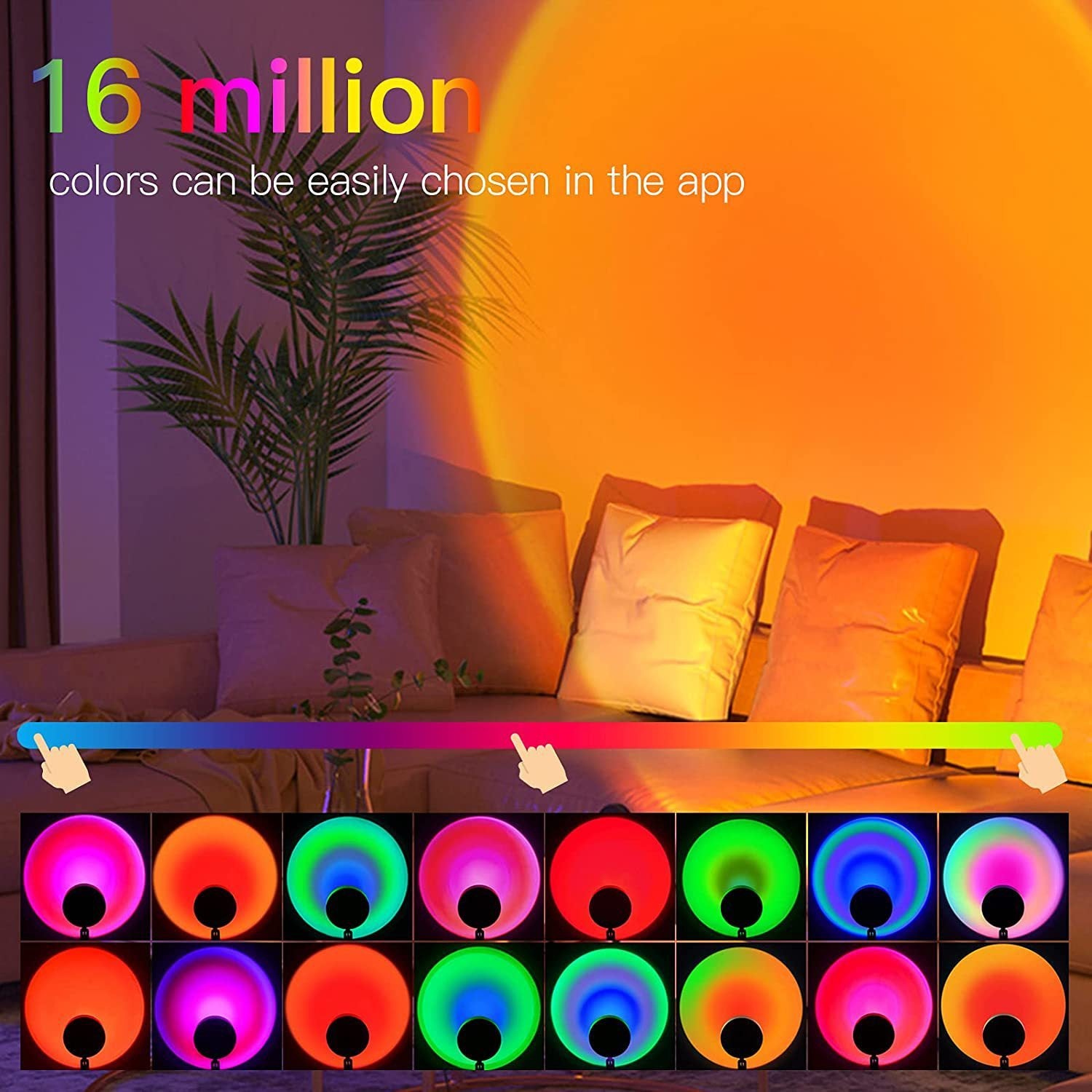 Living room with colorful LED lights and app color selection display.