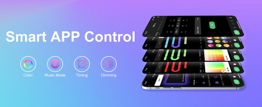 Smart APP Control interface on multiple smartphone screens with control options below on a purple gradient background.