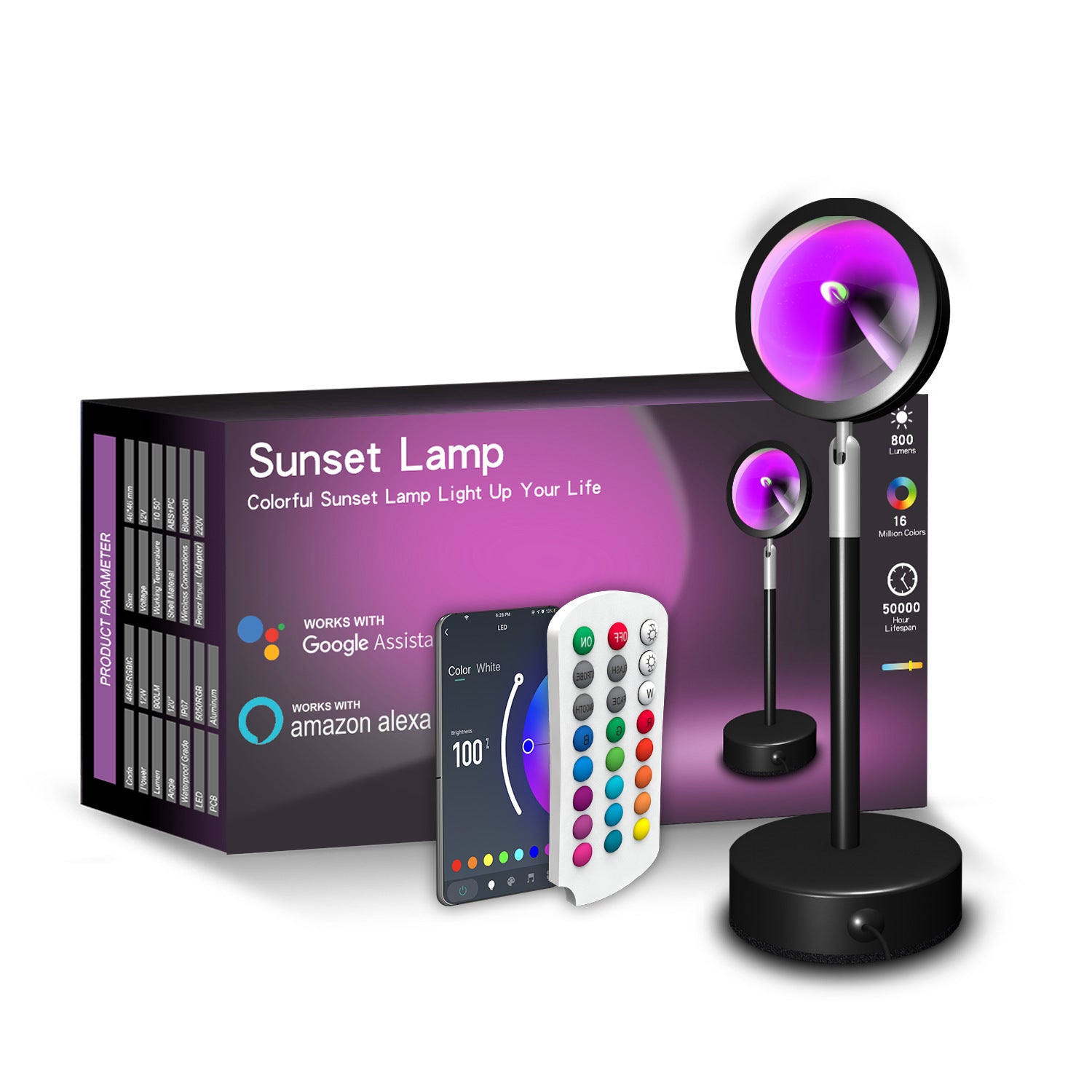 Sunset lamp with packaging, remote control, and smartphone displaying color options on a white background.