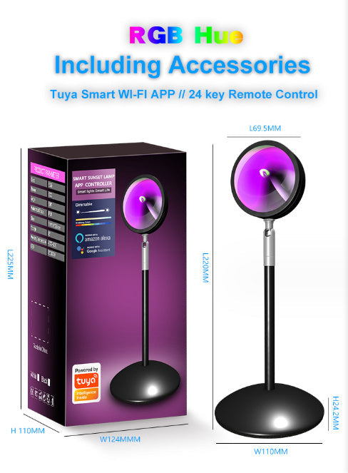 Smart LED lamp with packaging and dimensions on a white background