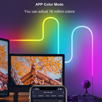 Neon light strip with smartphone app control for adjusting colors, set against a blurred indoor background.