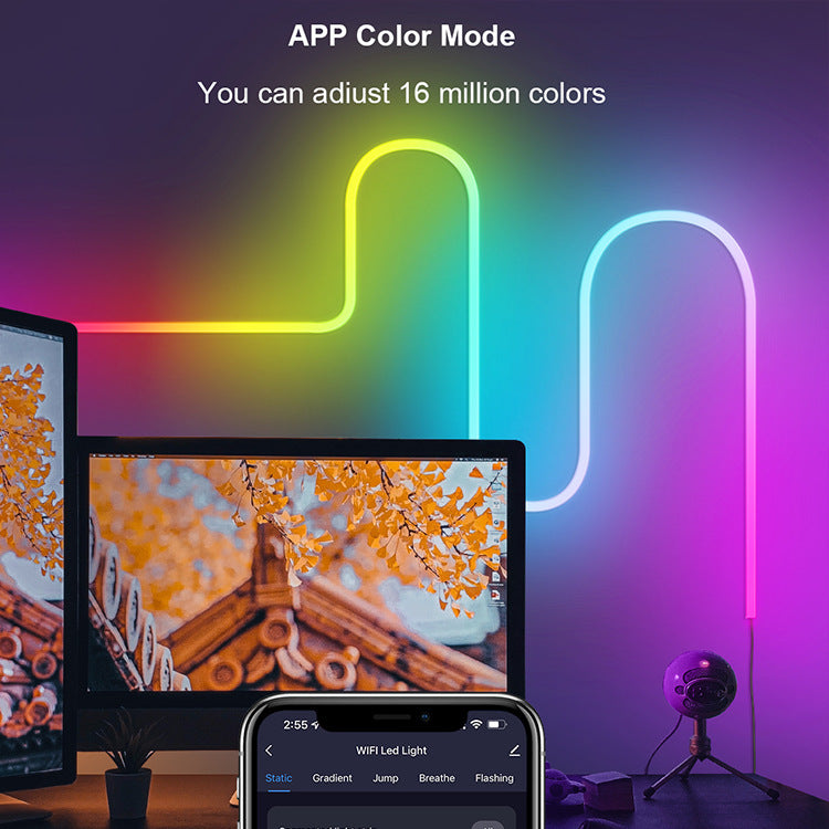 Neon light strip with smartphone app control for adjusting colors, set against a blurred indoor background.