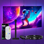 Smart TV with space-themed display, remote control, stand, and LED strip light on a purple background.