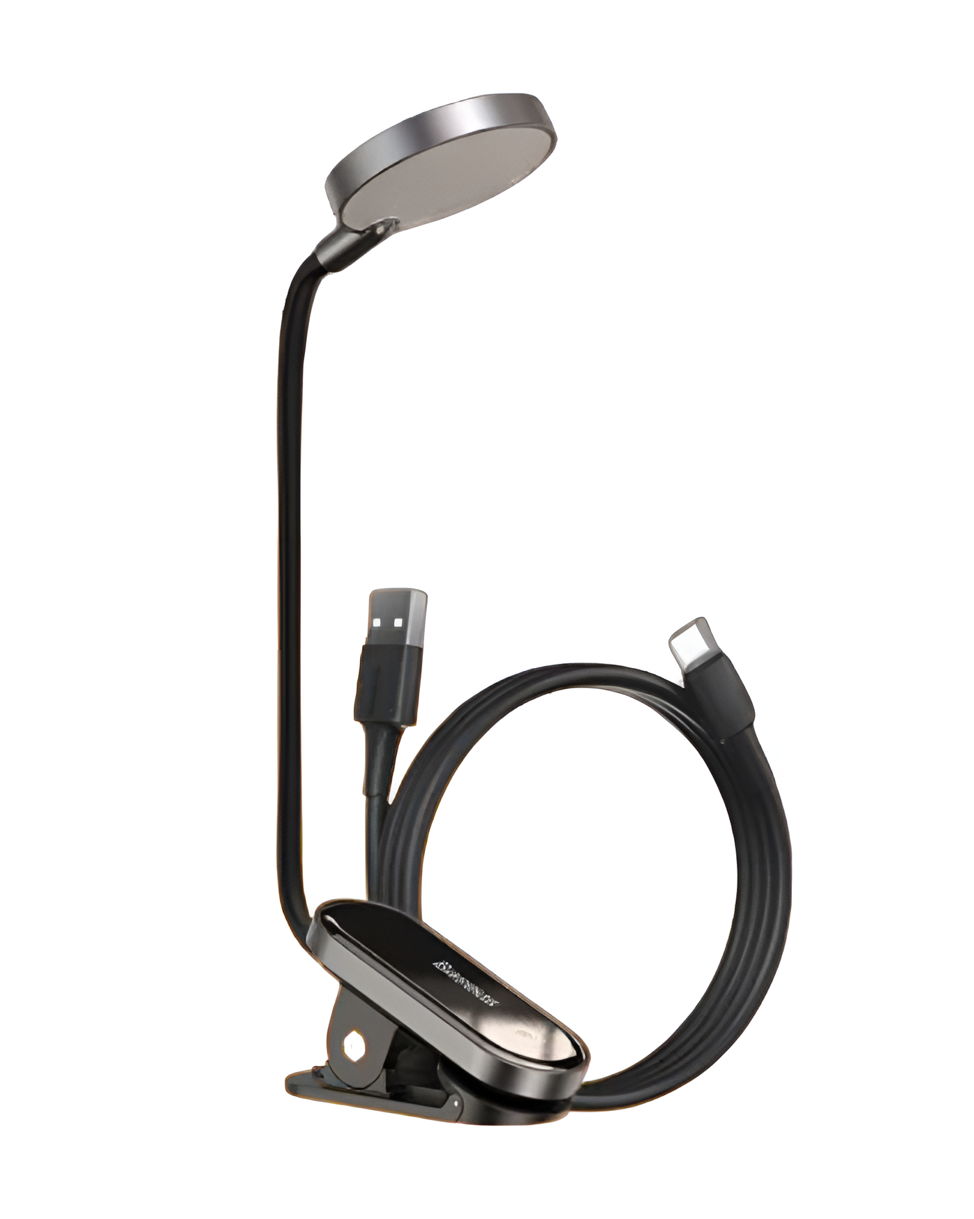 Black USB clip-on LED lamp on a white background