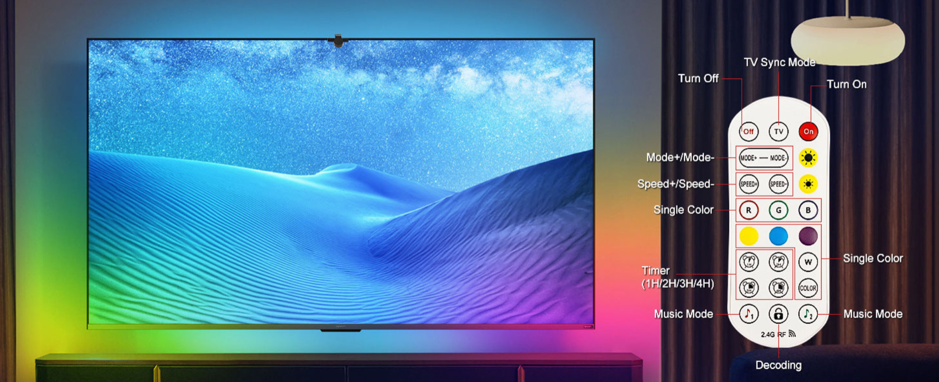 Smart TV displaying a colorful screen with a remote control on a wooden surface.