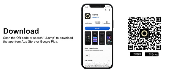 Phone screen displaying the uLamp app with download options and QR code.