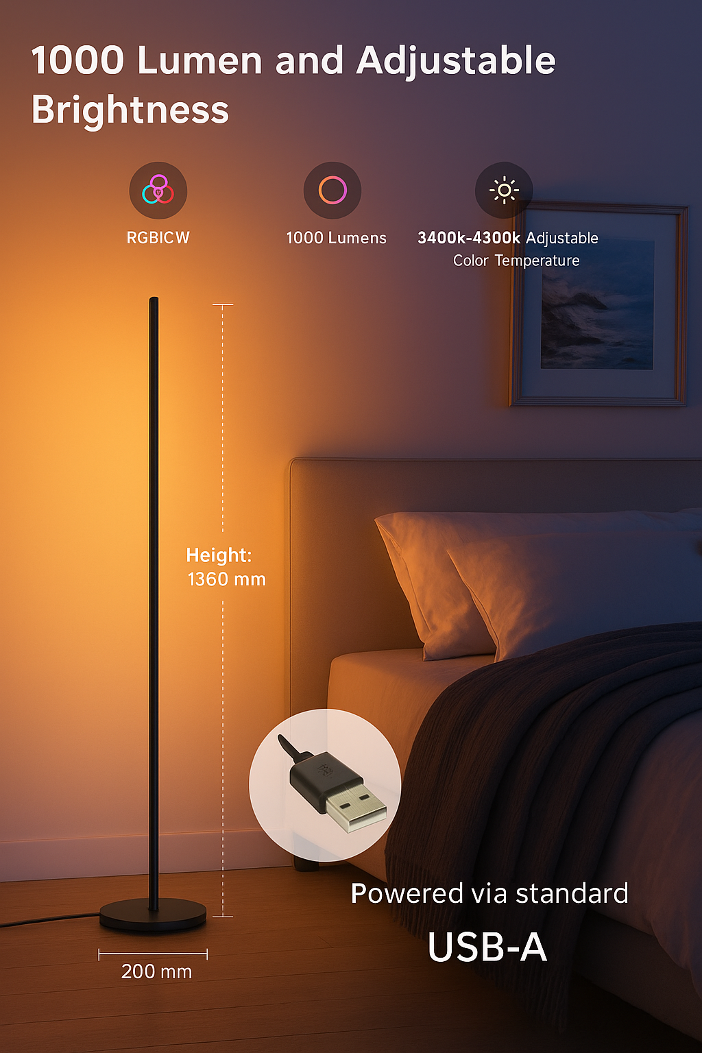 Floor lamp with USB power connection in a bedroom setting, highlighting features like lumen count and adjustable brightness.