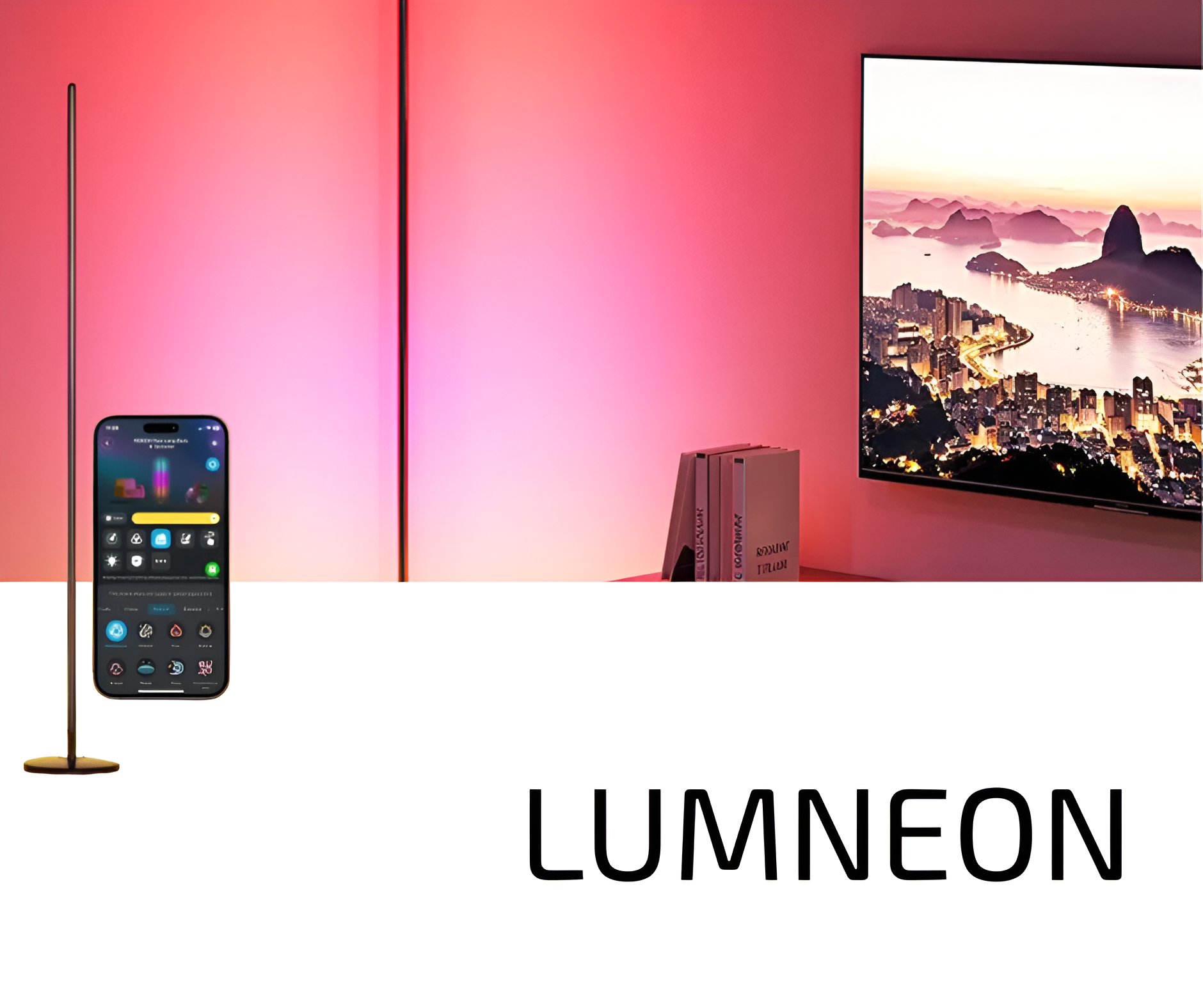 Lumneon LED floor lamp with smartphone displaying app interface and cityscape on wall.