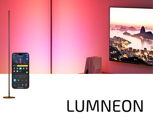 Lumneon LED floor lamp with smartphone displaying app interface and cityscape on wall.