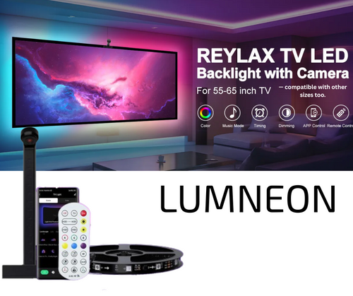 REYLAX TV LED Backlight with Camera and Lumneon branding in a room setting.