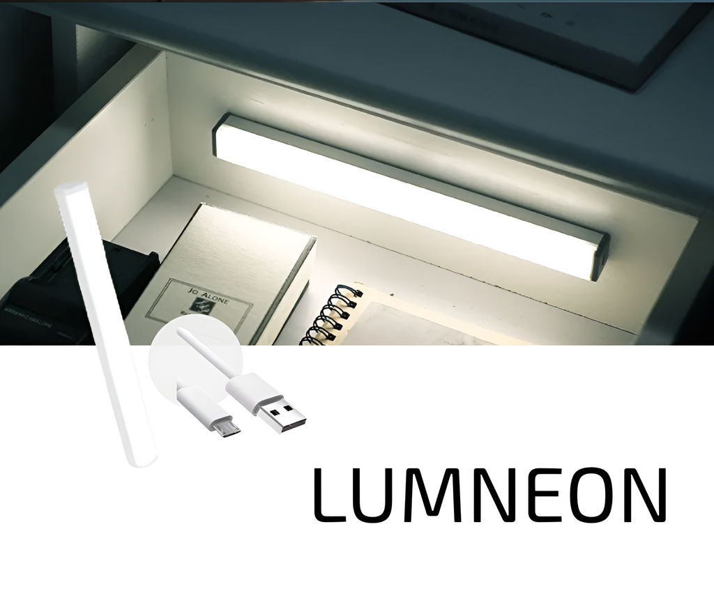Under-cabinet light with USB adapter and cable on a white background, featuring the brand 'Lumneon'.