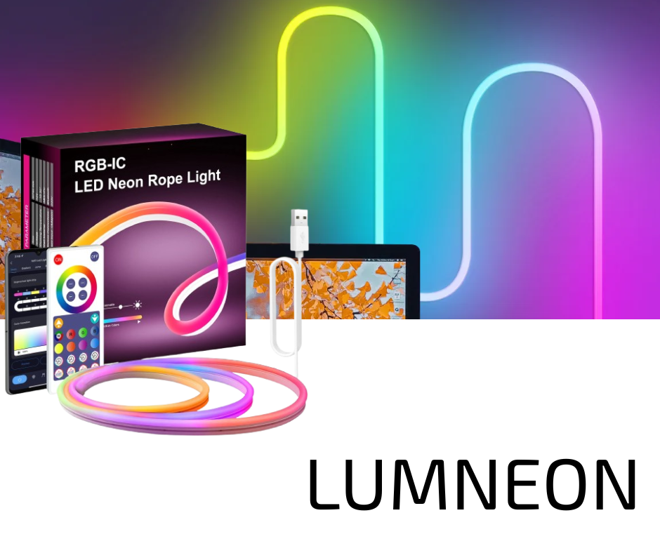 Lumneon RGB-IC LED Neon Rope Light set with packaging, cable, and control device on a colorful background.