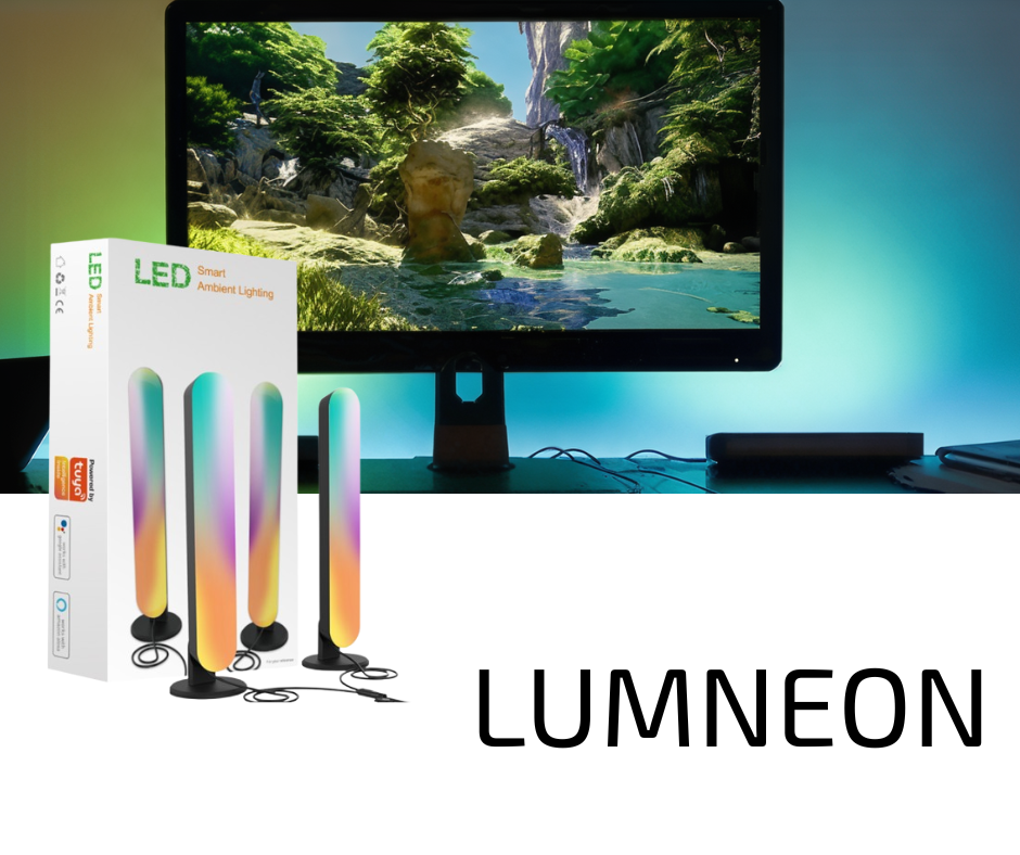 Lum neon LED strip lights with packaging in front of a computer screen displaying a nature scene.