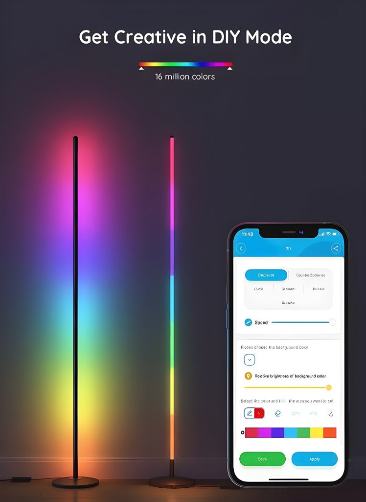 Colorful LED floor lamp with smartphone app interface on a dark background