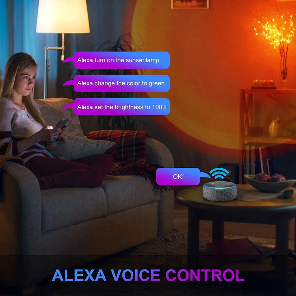 Woman using Alexa voice control in a living room with text bubbles showing commands.