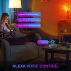 Woman using Alexa voice control in a living room with text bubbles showing commands.
