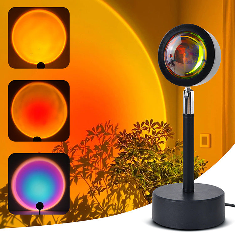 Color-changing lamp with three display panels against a sunset background