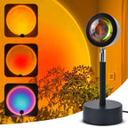 Color-changing lamp with three display panels against a sunset background