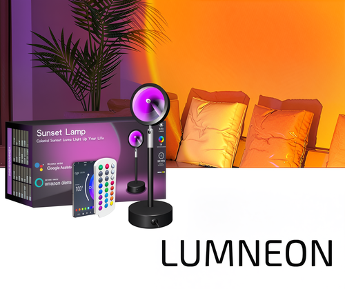 Lumneon Sunset Lamp with packaging and remote control on a white background